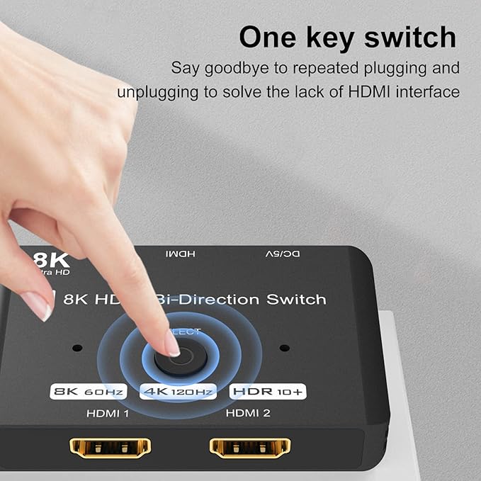 HDMI 2.1 Bi-Directional Switch Ultra HD 8K HDMI Switcher 2 in 1 Out/ 1 in 2 Out HDMI Switch Supports 8K@60Hz/ 4K@120Hz 48Gbps Compatible with Switch/Switch OLED PS5/4 Xbox Roku Apple TV Fire TV Stick