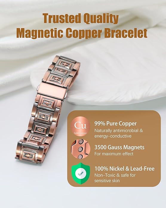 Copper Bracelet for Men, 3X Strength Magnetic Copper Bracelets for Men with 3500 Gauss Magnets, Adjustable Length with Sizing Tool