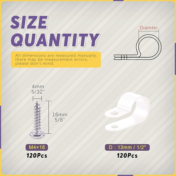 Swpeet 120 Pack White 1/2 Inch Nylon Plastic R-Type Cable Clips Clamp Kit, Nylon Screw Mounting Cord Fastener Clips with 120 Pack Screws for Wire Management (1/2 Inch, White)