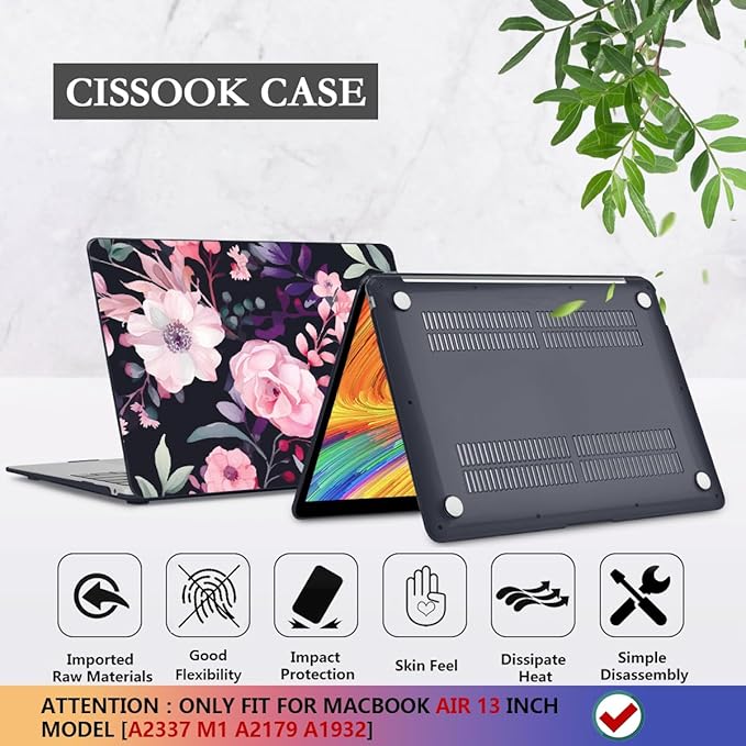 CISSOOK Compatible with MacBook Air 13 inch Case M1 2021 2020-2018 Release Model A2337 A2179 A1932, Flower Plastic Hard Shell Case Black Cover for MacBook Air 13 inch with Touch ID- Pink Flowers