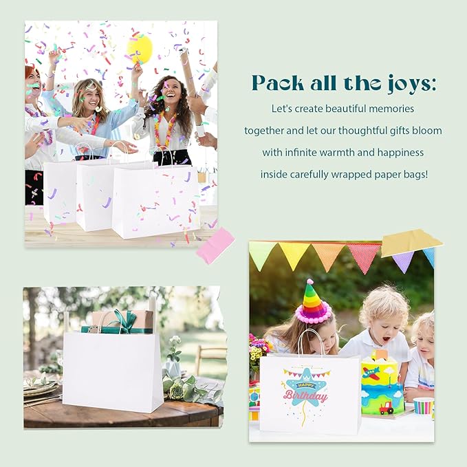MESHA White Large Paper Bags 16x6x12 Inch 100 Pack Kraft Shopping Gift Bags with Handles Bulk for Small Business, Party, Recycled