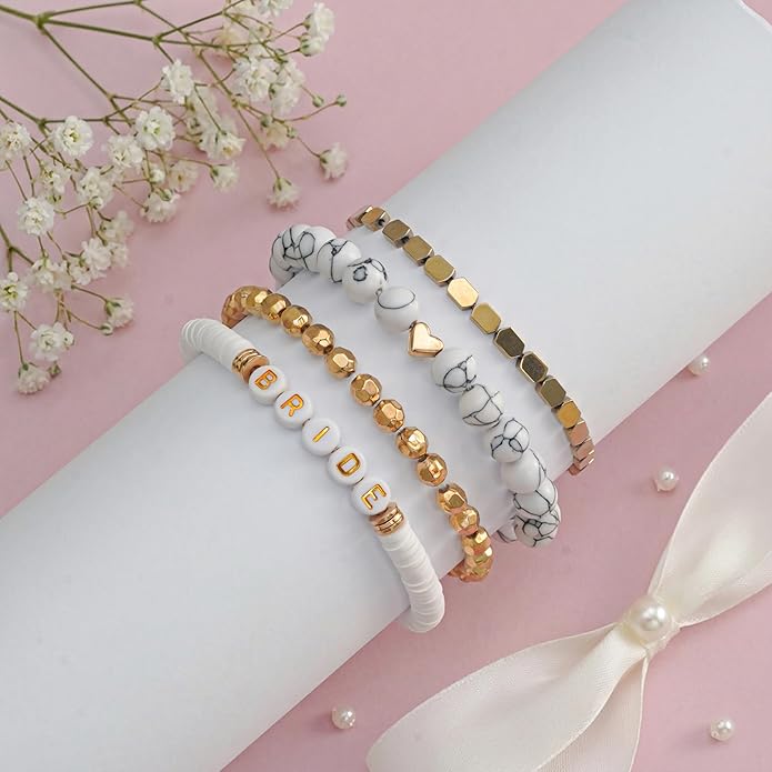 Bride Beaded Bracelet, Weeding Clay Bracelets for Women Stackable Gold Plated, Stretch Bracelets Elastic Layering Friendship Set Boho Jewelry, Gift for Family, Friends