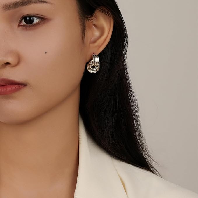 Big Chunky Knot Link Earrings for Women Silver Circle Geometric Drop Dangle Earring Stud