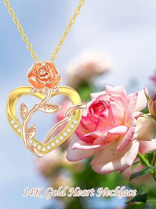 14K Solid Gold Rose Flower/Sunflower Necklaces for Women Flower Heart Pendant Necklace Love Sunshine Jewelry Anniversary Valentine's Day Birthday GiftS for Women Wife Girlfriend Her Mom
