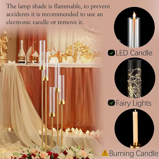 Tall 5 Arm Candle Holder for Wedding Table,39.4'' Tall Candelabra with Acrylic Lampshade for Birthday Party Home Decoration Halloween Christmas Day Fit LED Taper Candles
