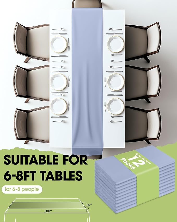 Pureegg Dusty Blue Plastic Table Runners - 12 Pack, 14'' x 108'', Water Resistant & Disposable Centerpiece Decorations for Table Cloth, Wedding, Birthday, Holiday, Baby Shower, Party, Home Decor
