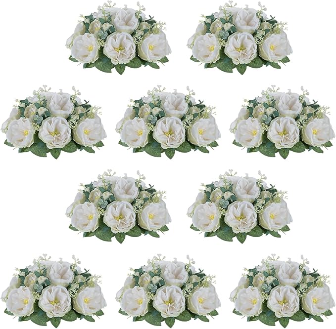 NUPTIO Artificial Flowers Ball Centerpieces: 10 Pcs 9.8 Inch Diameter Fake Kissing Rose Floral Balls for Wedding Party Bridal Shower Valentine Home - White Bouquet Arrangement Decorations for Table