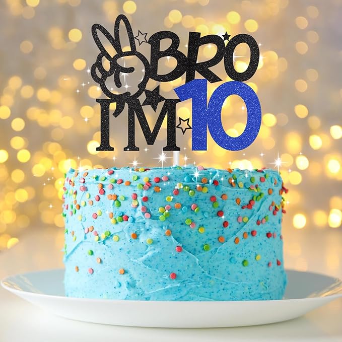 Bro I'm 10 Cake Topper, 10th Birthday Decorations for Boy, Glitter Funny 10th Birthday Cake Topper, Big Brother 10 Year Old Birthday Party Decoration Supplies