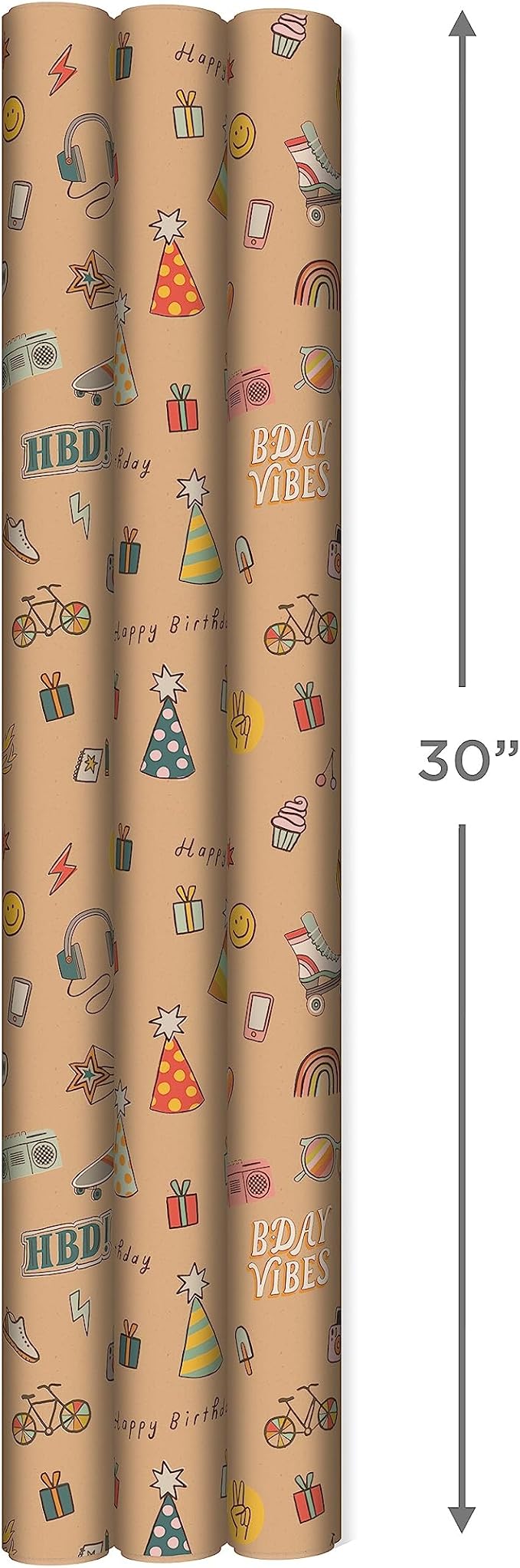 Hallmark Birthday Wrapping Paper, Recyclable Brown Kraft Gift Wrap (3 Rolls: 60 sq. ft. ttl) Kids Birthday, Retro Icons, Roller Skates, Skateboard