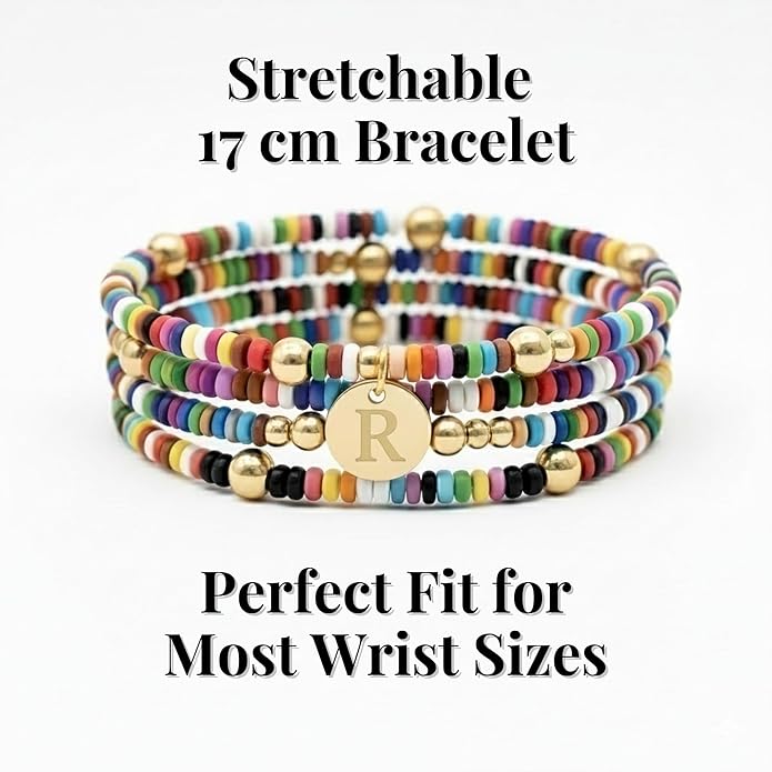 Set of 4 Colorful Bead Initial Bracelets, Personalized Stackable Jewelry, Adjustable Stretchy Charm Bracelets for Women, Beaded Bracelet Set, Trendy Custom Jewelry Gift
