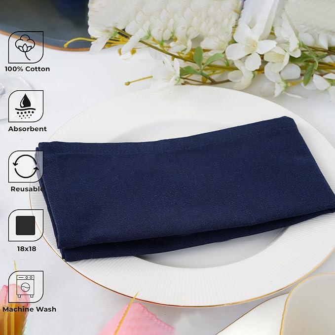 Blue Needles Solid Cloth Napkins Set of 12 Navy Blue 100% Cotton Dinner Napkins 18x18 inches - Soft, Reusable, Absorbent & Washable Fall Thanksgiving Linen, Ideal for Events, Parties & Everyday Use