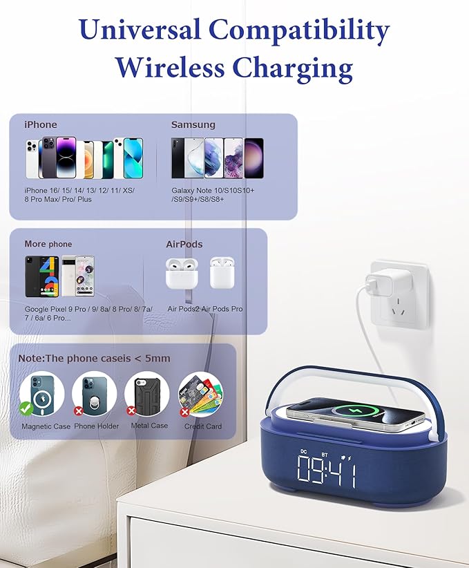 COLSUR 6-in-1 Bluetooth Speaker Alarm Clock with 15W Wireless Charger, FM Radio, Adjustable LED Night Light, 2500mAh Battery, Snooze Function – for Bedroom, Home, Office