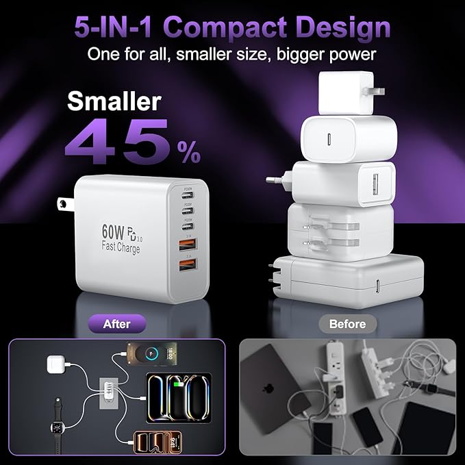USB C Fast Wall Charger Block, 2Pack 60W USBC Phone Charging Cubes, 5-Port Type C Power Plug Adapter Multiport Brick Box for iPhone 17/16/15/14/13/12/11/Pro Max/Plus/Air, iPad mini/Pro,Galaxy S25/S24