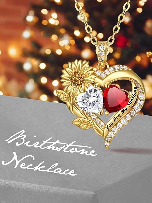 Sunflower Heart Necklace for Women 14K Gold Exquisite Valentines Day Anniversary Birthday Gifts for Wife Mother Her Double Birthstone Pendant Jewelry‘You Are My Sunshine’