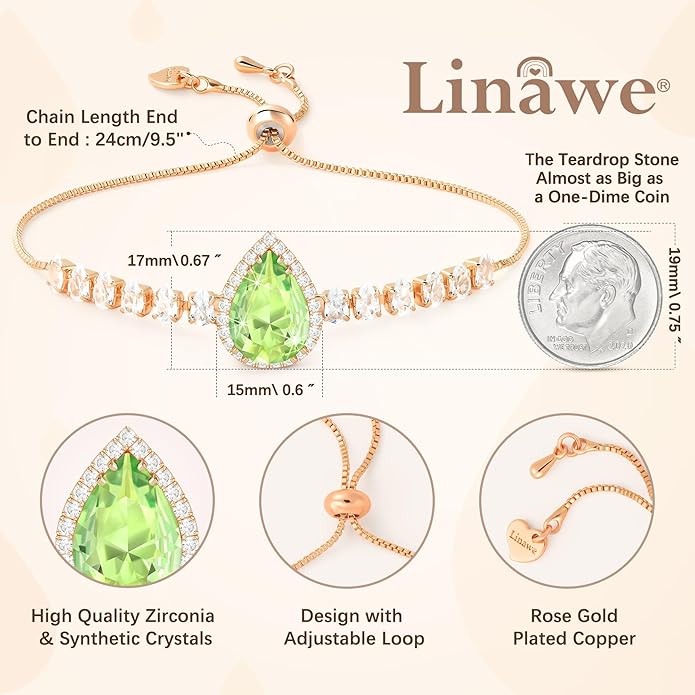 Linawe Crystal Imitation Diamond Rhinestone Charm Bracelets for Women, Gold/Silver/Rose Gold Adjustable Chain Bracelet, Teardrop Birthstone Cubic Zirconia Prom Costume Wedding Jewelry