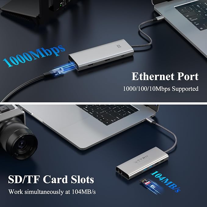 USB C Docking Station, Minthouz 12-in-1 Laptop Docking Station Dual Monitor with Dual 4k HDMI+8k DisplayPort+10Gbps, 3 USB A/C, 100W PD, Ethernet, SD/TF, Audio, USB C Hub for MacBook/Dell/HP/Surface