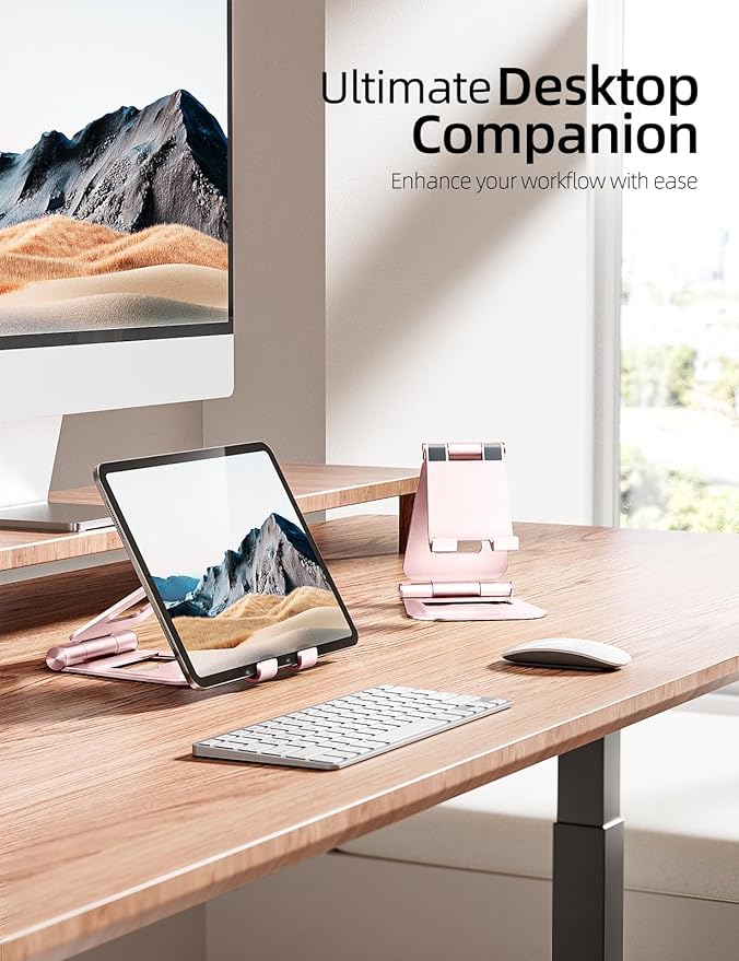 Nulaxy Aluminum Dual Foldable iPad Stand, Fully Adjustable Desktop Tablet Holder, Tablet Accessories for Office Kindle Compatible with Mobile Devices iPad Pro/Air/Mini, iPhone Pro/Max/Plus, Rose Gold