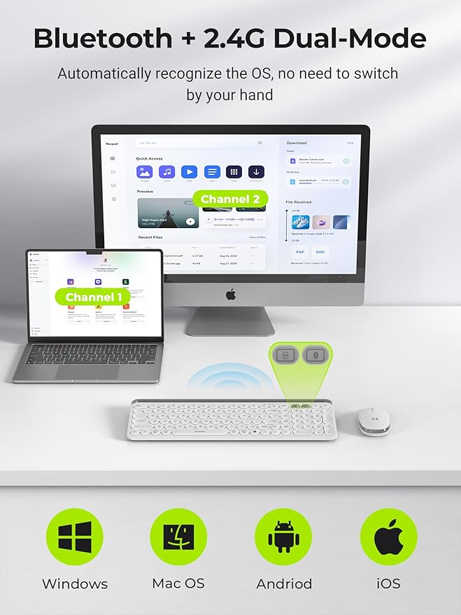 seenda Bluetooth Keyboard and Mouse for iPad, CTU-301 Multi-Device Bluetooth + 2.4G Wireless Keyboard Mouse with Tablet Holder for MacBook/Windows Computer, iOS/Andriod Tablet Phone, White