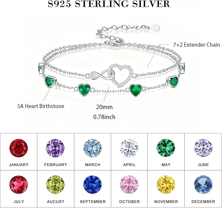 Prismata Infinity Birthstone Charm Link Bracelet 925 Sterling Silver Adjustable 12 Months Birthstone Infinity Bracelet Birthday Jewelry Gifts for Women Mom Her,with 7"+2" chain