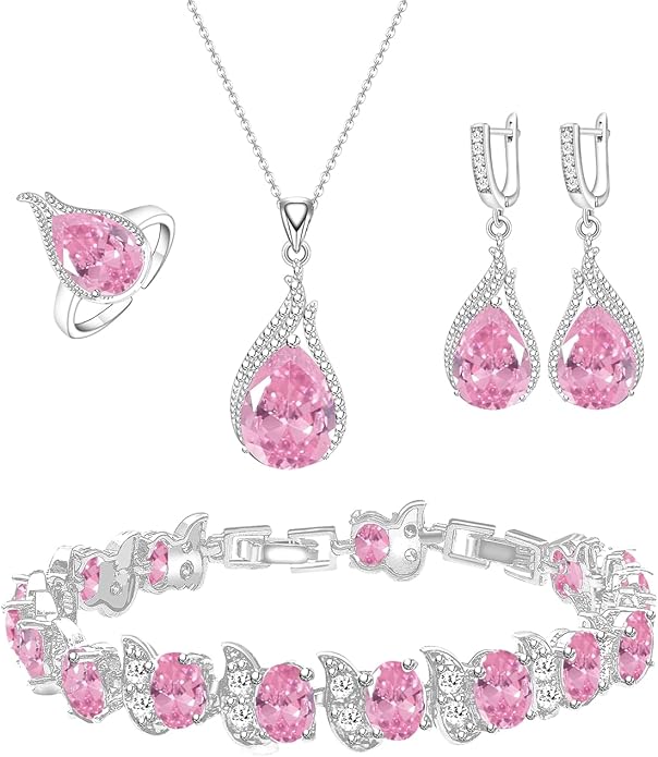 LMXXVJ Jewelry Set for Women,Teardrop Cubic Zirconia Necklace Earrings Adjustable Ring Bracelet Jewelry Set Formal Jewelry Gift