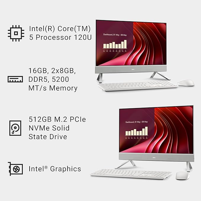 Dell 24 All-in-One Desktop ec24250-23.8-inch FHD Touch Display, Intel Core 5 Processor 120U, Intel Graphics, 16GB DDR5 RAM, 512GB SSD, Windows 11 Home, Onsite Service+6 Months Retail Migrate - White