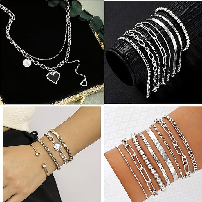 73 Pcs Gold Jewelry Set with 6Pcs Layered Necklace, 11 Pcs anklet and 7Pcs Earring Ear Cuff,12Hoop Earrings ,15pcs Rings,21pcs stud earrings Jewerly set for Women Pack for Friendship Party Gift