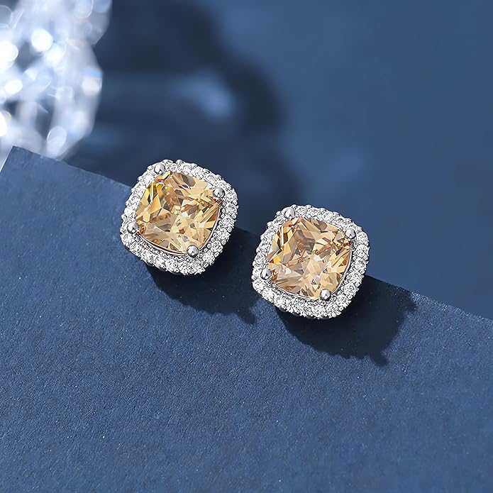 YOMELA Cubic Zirconia Earrings Studs, Halo CZ Birthstone Simulated Diamond Stud Earrings for Women