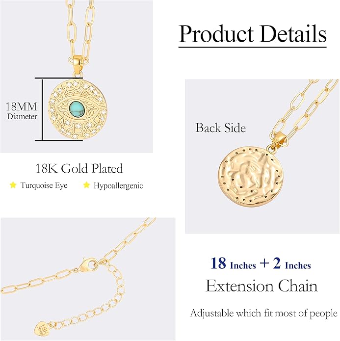 Aobei Pearl 18K Gold Plated Moon Star Lion Evil Eye Love Heart Cross Pendant Necklace Medallion Paperclip Chian Choker Layering Jewery for Women