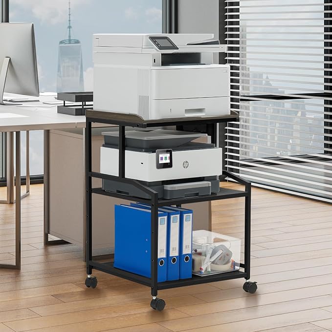 Lauren&Harold 34'' Printer Stand with Power Outlets & USB Ports, 3-Tier Adjustable Rolling Cart, Heavy Duty 150LBS Storage Table with Wheels for Office, Kitchen, Living Room, Black