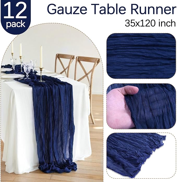 12 Pack Royal Blue Cheesecloth Table Runner 10FT Boho Gauze Fabric Table Runner 35 x 120 Inch Rustic Sheer Runner for Wedding Decor Baby Shower Party Boho Table Decoration