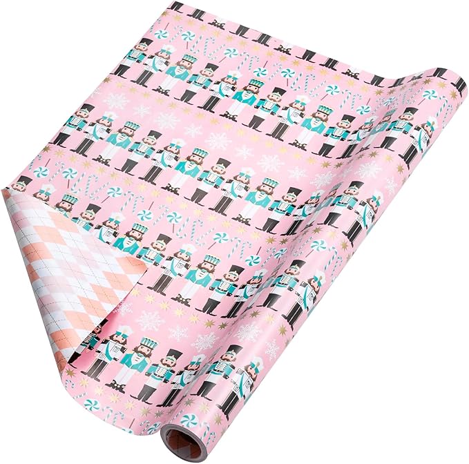 RUSPEPA Reversible Christmas Wrapping Paper Roll, Mini Roll, Pink Nutcracker Soldier and Diamond Pattern Gift Wrap for Kids, Girls, Family, Xmas Holiday Gifts, 17.5 Inches X 32.8 Feet