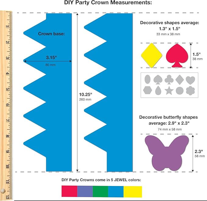 264pcs DIY Party Crown Kit – Makes 12 Princess King Children's Party Crowns, US Made JEWEL Colored Card Stock Easy Punch Out Craft for Royal Themed Birthday Party, Play Dates, Children's Theater Plays