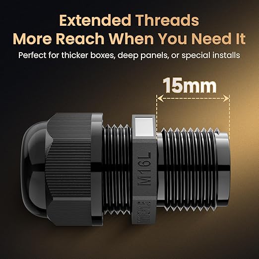 QILIPSU 50pcs M16L Long Thread Cable Gland Waterproof IP68 Nylon Strain Relief Cord Grip Cable Pass Through Wire Connector