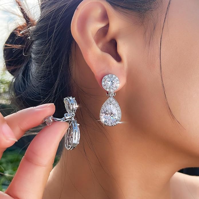 Elegant Cubic Zirconia Long Clip-On Earrings, Teardrop Crystal Dangle Design, Non-Pierced Ears, Wedding Bridal Party Jewelry
