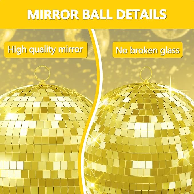 Classic Mirror Ball for Disco, 12"/16"/20" Mirror Disco Ball with Hanging Ring for DJ Club Party Live Wedding Stage Lighting Home Decor Golden 20Inch