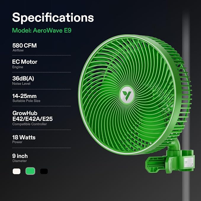 VIVOSUN AeroWave E9 Grow Tent Fan 9”, EC Motor, WiFi-Controllable, US Patented Auto Oscillating Clip fan, IP54 Weatherproof, Strong Airflow & Quiet for Hydroponic Ventilation Circulation, Green