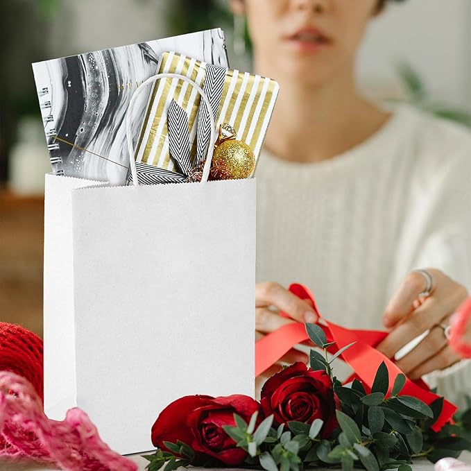 METRONIC 100 Pcs 8x4.25x10.5 Inch Paper Gift Bags White, Gift Wrap Bags with Handles, Kraft Paper Bag for Small Business, Heavy Duty Bulk Bag for Birthday Party Favors, Shopping, Retail