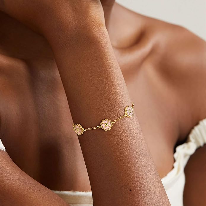 14K Gold Plated Clover Bracelets for Women Flower Four Leaf Link Bracelets Trendy Jewelry Gifts for Women
