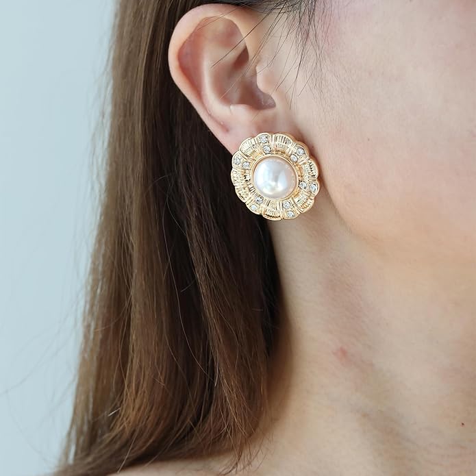Statement Chunky Gold Earrings for Women,Crystal Rhinestone Accents Large Stud with Stone and Pearl