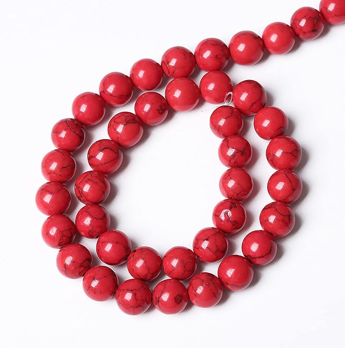 36pcs 10mm Natural Stone Beads Red Turquoise Gemstone Round Loose Beads for Jewelry Making Crystal Energy Stone Healing Power DIY Bracelets