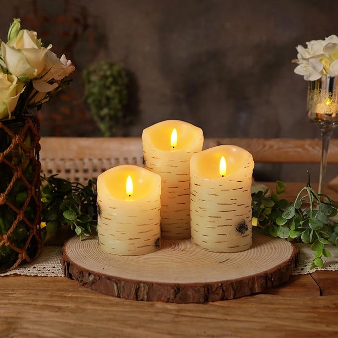 Homemory Birch Flameless Candles, LED Pillar Candles, Battery Operated Candles with Timer and Remote Control, D3 H4 5" 6", Wax, Set of 3