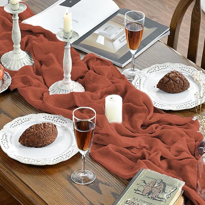 Artoid Mode Boho Cheesecloth Gauze Terracotta Wedding Table Runner, 120 Inch Seasonal Fall Thanksgiving Fabric Kitchen Dining Holiday Table Decor for Home Party Indoor