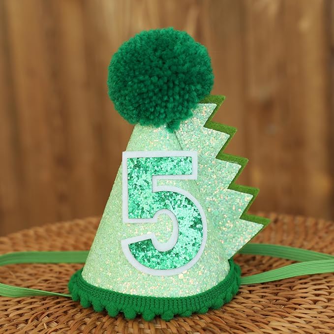 Green Glitter Dinosaur Birthday Cone Hat for 1-5 Years Old Kids Boys Dino Dinousour Birthday Hat Party Decoration