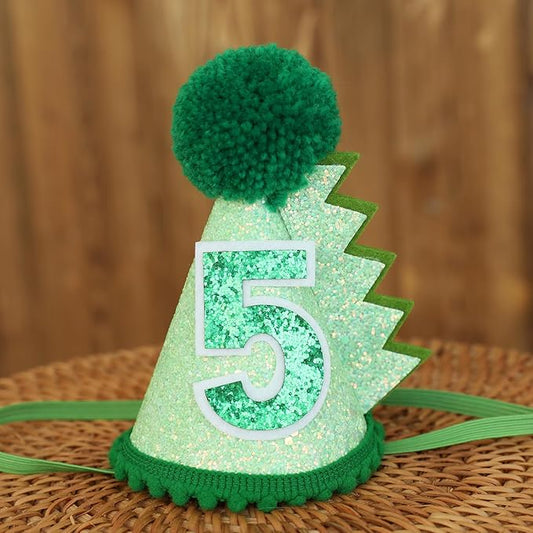 Green Glitter Dinosaur Birthday Cone Hat for 1-5 Years Old Kids Boys Dino Dinousour Birthday Hat Party Decoration