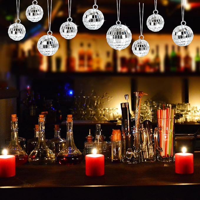 20 Pcs Mirror Disco Ball Hanging Ornaments Silver Glass Decor 70s Disco Party Decorations Ornament with Rope for Dance Birthday 70s Theme Party