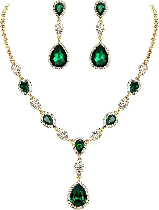 EleQueen Women's Cubic Zirconia Teardrop Y-Necklaces Dangle Earrings Jewelry Sets for Brides Bridesmaids