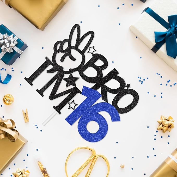 Bro I'm 16 Cake Topper, 16th Birthday Decorations for Boy, Glitter Funny 16th Birthday Cake Topper, Big Brother 16 Year Old Birthday Party Decoration Supplies