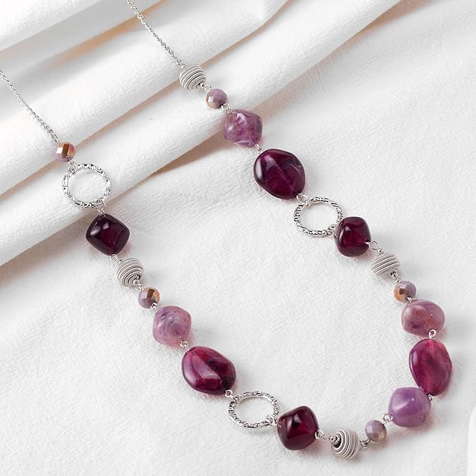 BULINLIN Beaded Long Necklace for Women Silver Sweater Chain Necklace with Crystal Resin Beads, Fashion Jewelry Necklace