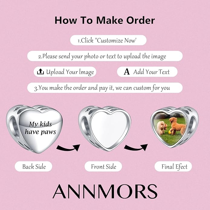Annmors Personalized Photo Charms For Bracelets/Necklace 925 Sterling Silver Love Heart Shaped Engraved Customize Picture Gift for Birthday Mother's Day,Bead Charms Jewelry for Women