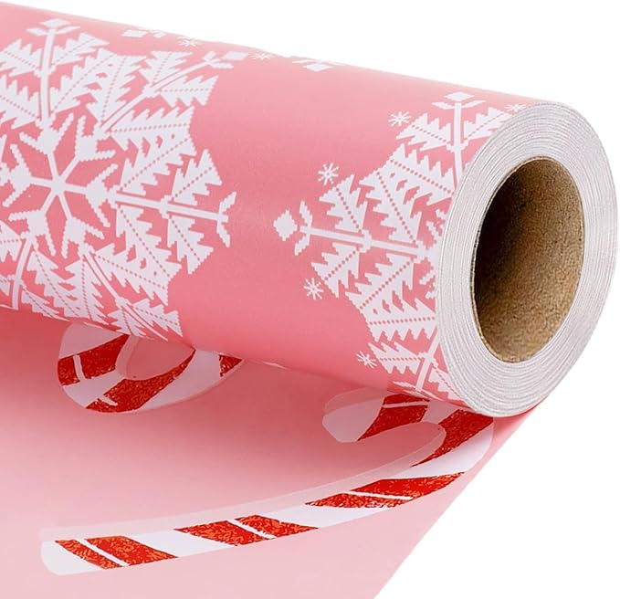 LaRibbons Reversible Christmas Wrapping Paper Roll, Pink Snowflake & Candy Cane Design for Christmas, Party, Holiday, Celebration, 17 Inch X 33 Feet